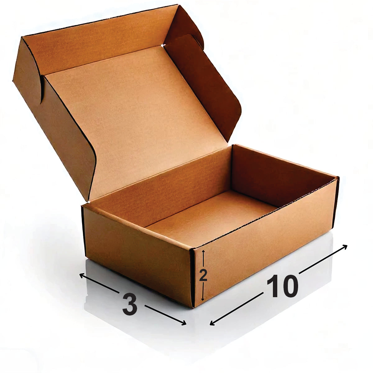 An open corrugated cardboard shipping box with dimensions labeled