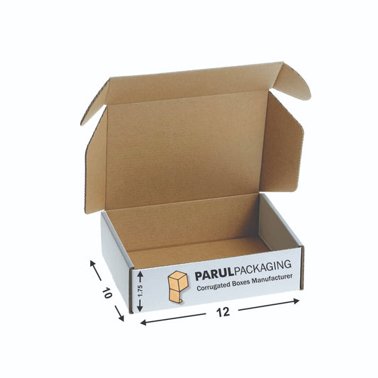 A brown corrugated cardboard box with the dimensions 12 inches in length, 10 inches in width, and 1.75 inches in height, displayed open with the brand 'PARUL PACKAGING' visible on the side