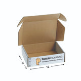 A brown corrugated cardboard box with the dimensions 12 inches in length, 10 inches in width, and 1.75 inches in height, displayed open with the brand 'PARUL PACKAGING' visible on the side