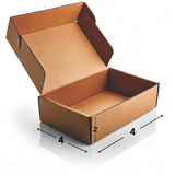 Open cardboard box with dimensions indicated on a white background