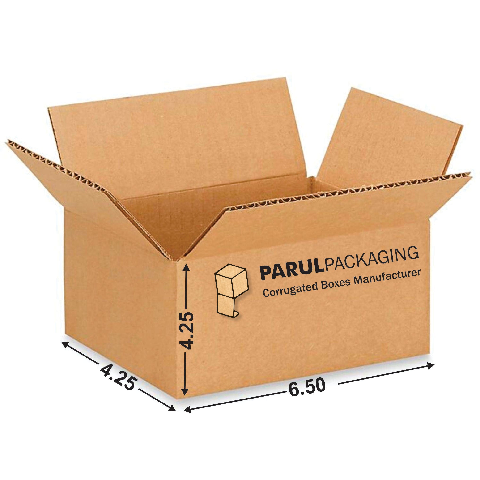 A single, empty corrugated cardboard box with dimensions labeled on the side, indicating it is 6.5 inches in length, 4.