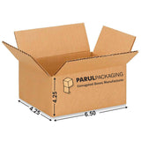 A single, empty corrugated cardboard box with dimensions labeled on the side, indicating it is 6.5 inches in length, 4.