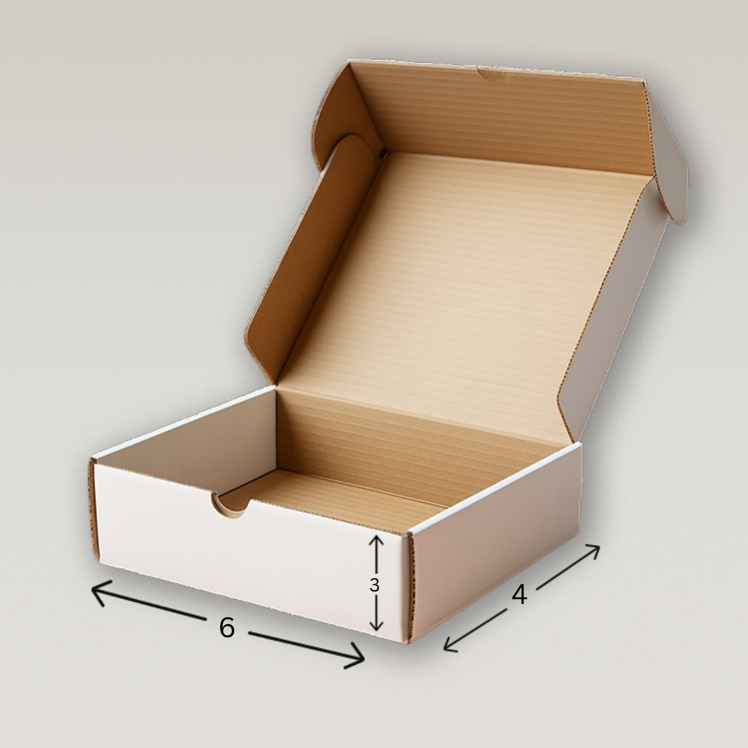 Cardboard box with dimensions labeled on a light gray background