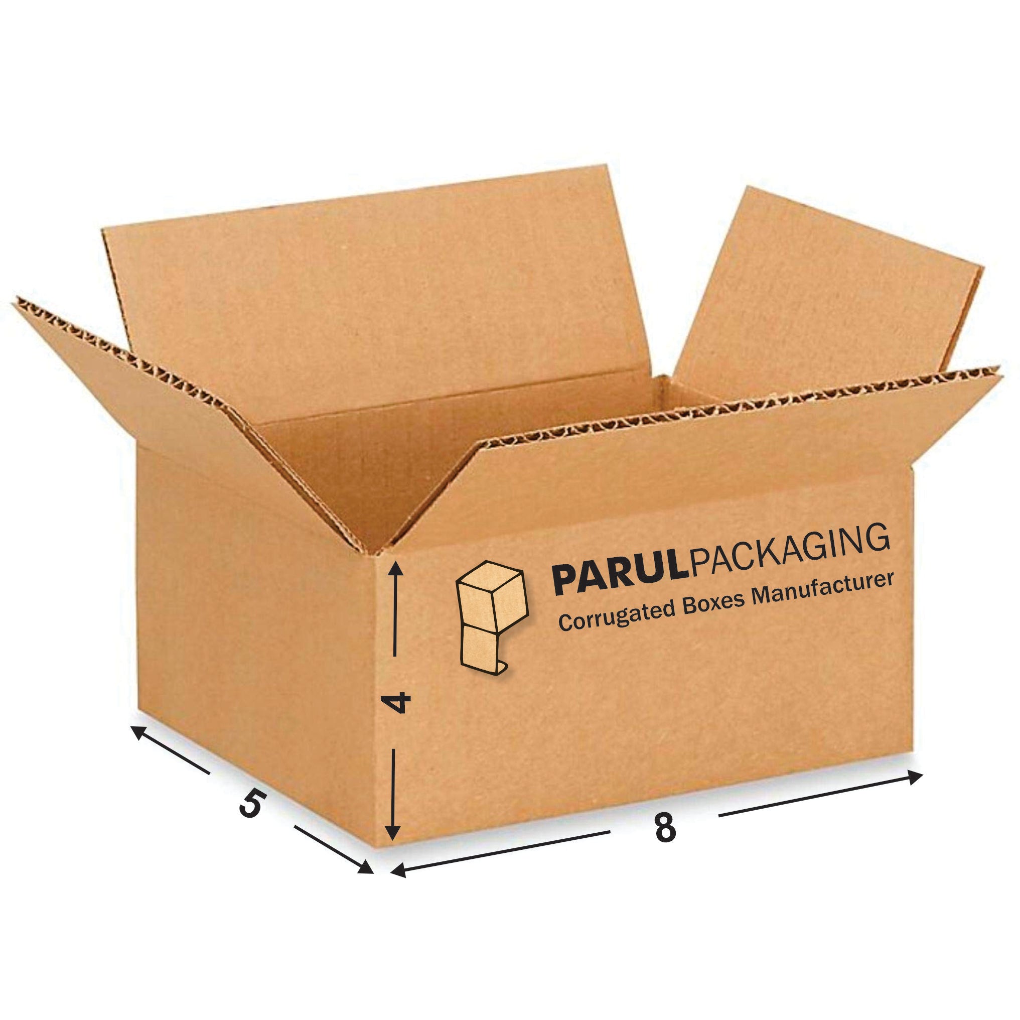 A single, empty corrugated cardboard box with dimensions labeled on the side, indicating height, width, and length.