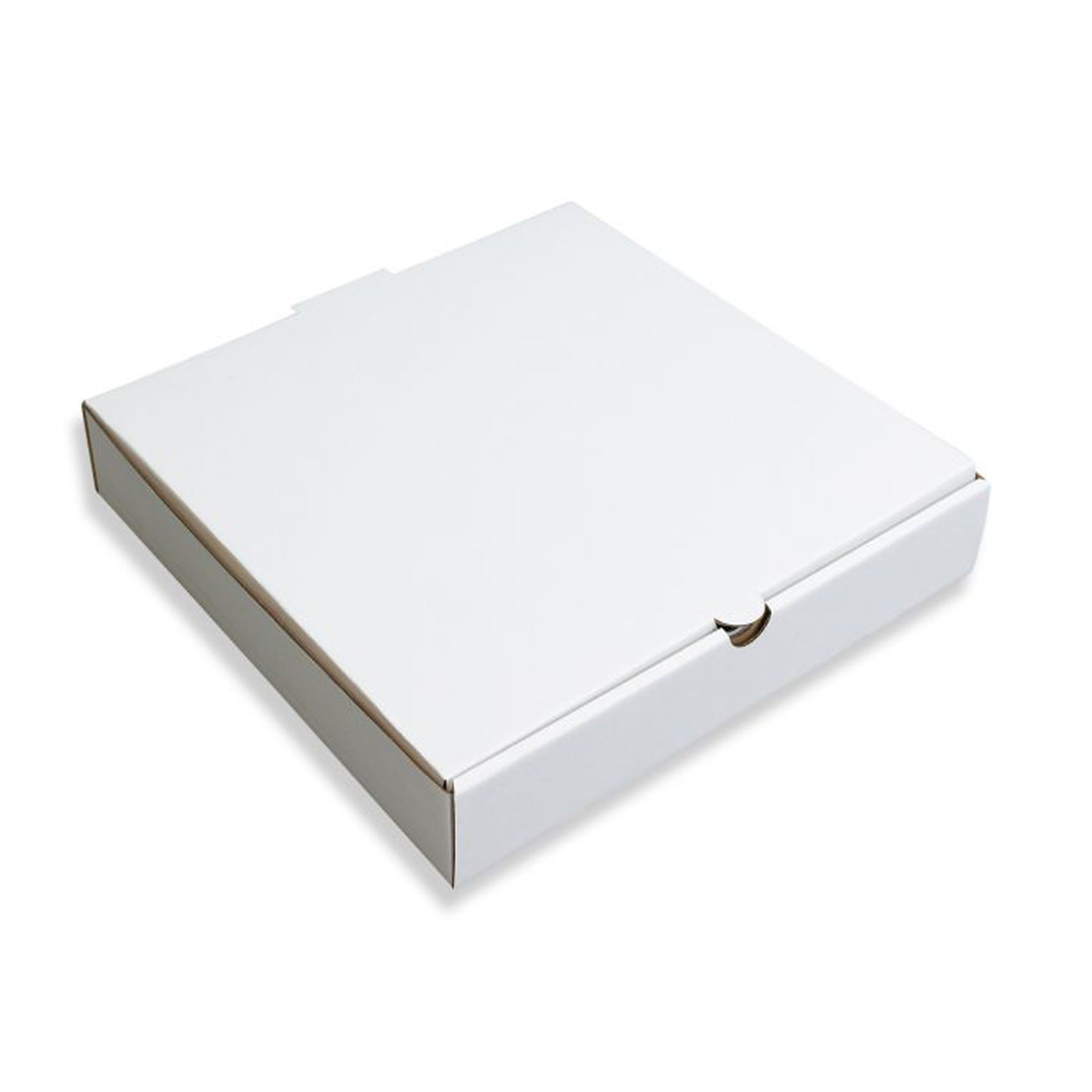 A white, 12 inch pizza box made of corrugated material, with a single wall design, featuring a small metallic loop on one side.