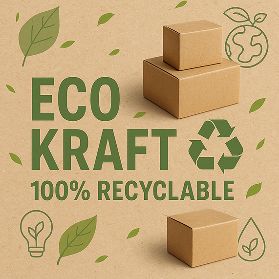 Eco-friendly cardboard boxes with 'Eco Kraft 100% Recyclable' text on a brown background.