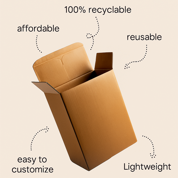 Cardboard box with sustainability features