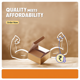 Product packaging with 'Quality Meets Affordability' text and a call to action on a brown background