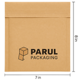Kraft paper envelope with 'Parul Packaging' logo and dimensions