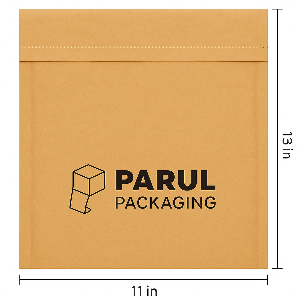 Brown packaging envelope with 'Parul Packaging' logo and dimensions on a white background