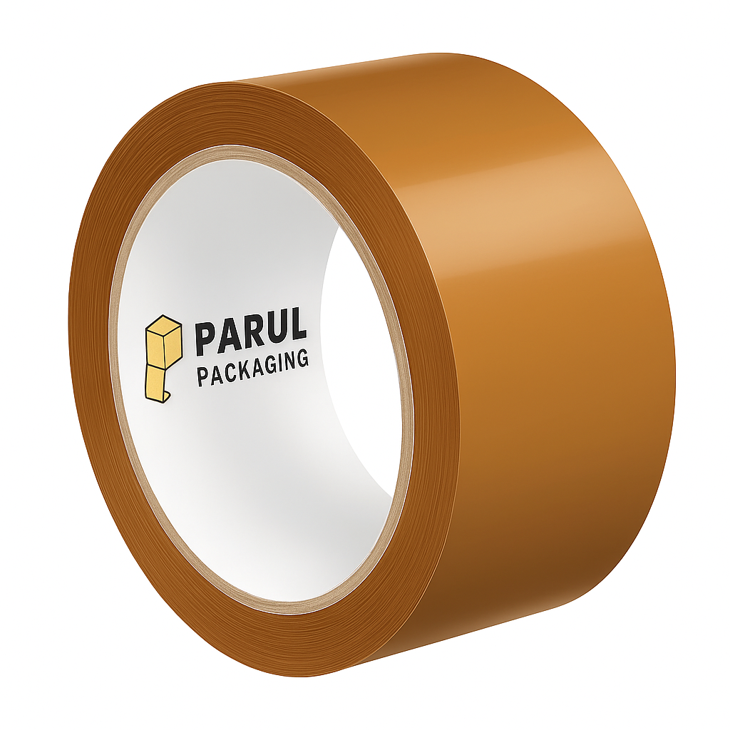 Roll of brown tape with Parul Packaging logo