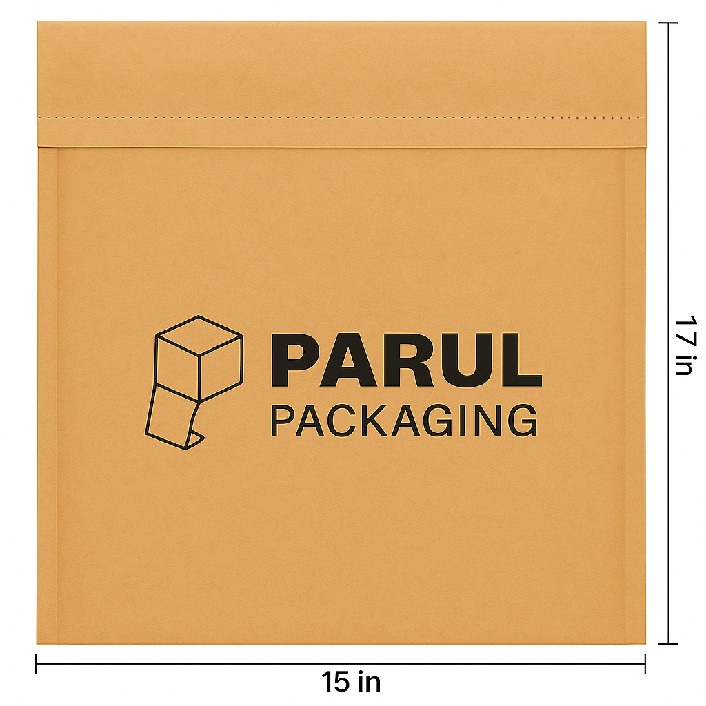 Brown packaging envelope with 'Parul Packaging' logo and dimensions on a white background