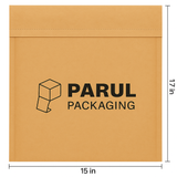 Brown packaging envelope with 'Parul Packaging' logo and dimensions on a white background