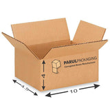 A brown corrugated cardboard box with dimensions labeled on it