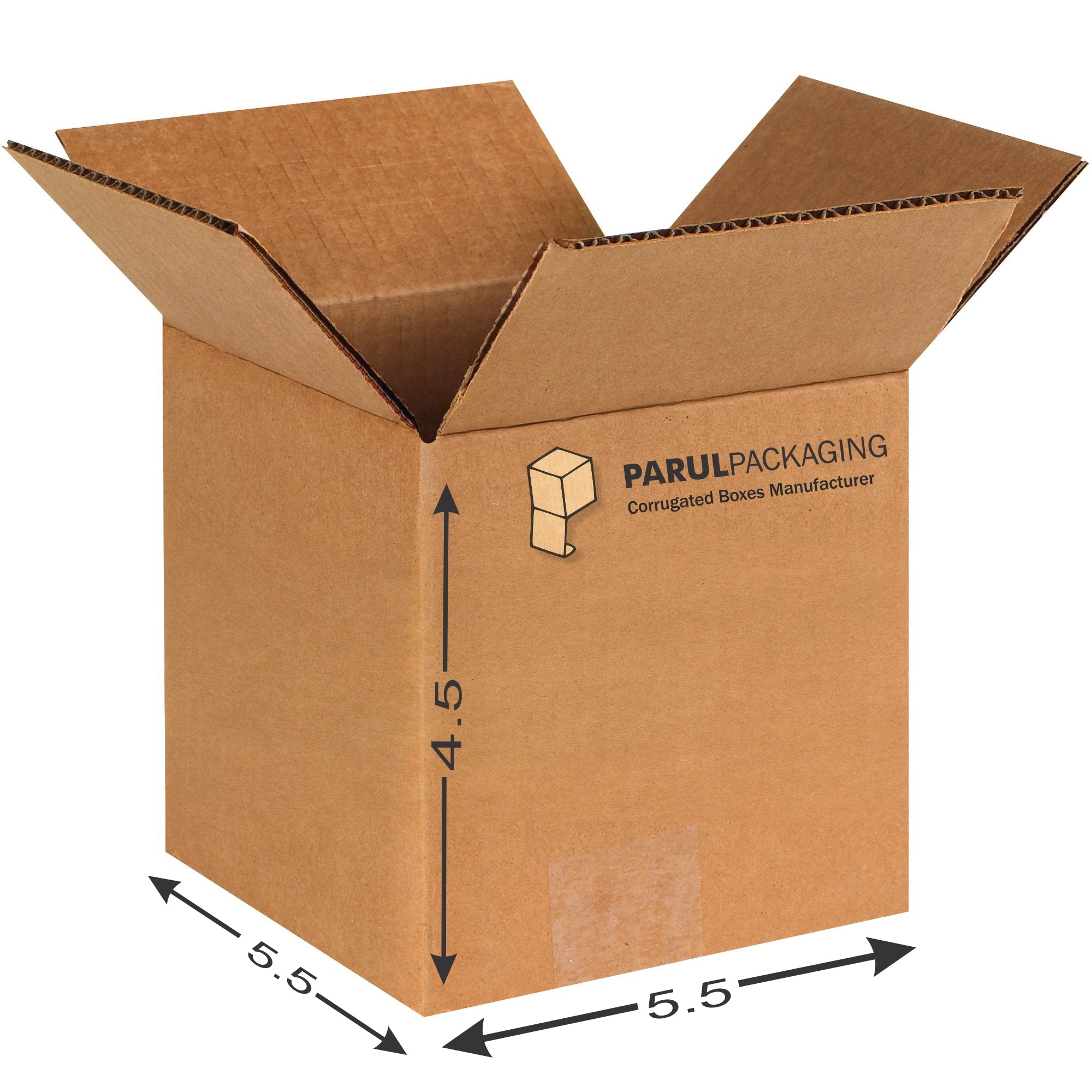 A brown corrugated cardboard box with dimensions labeled, indicating a height of 4.5 inches and a width of 5.5 inches.