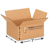 A brown corrugated cardboard box with dimensions labeled on it, indicating 7 inches in length