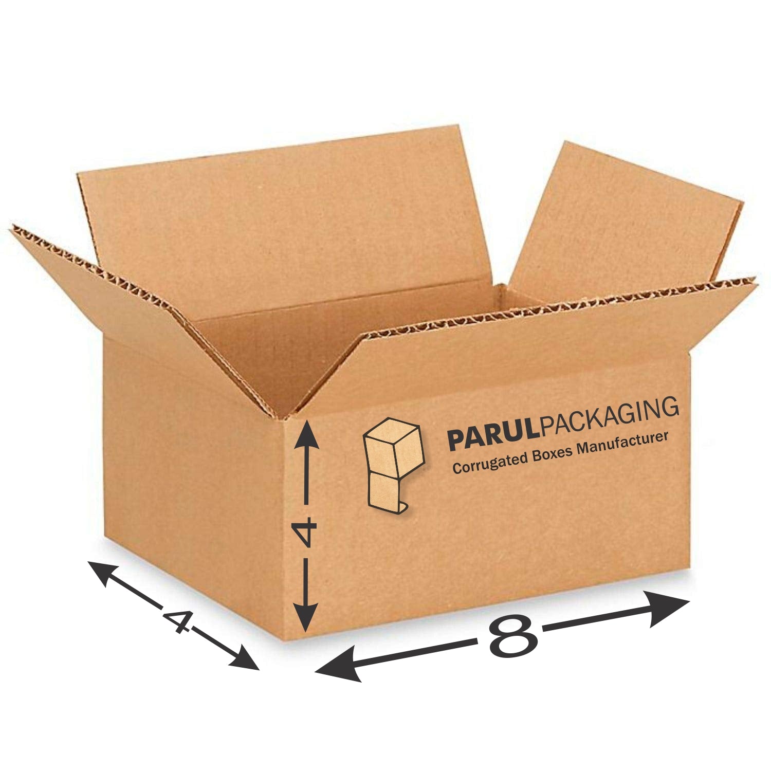 A brown corrugated cardboard box with dimensions labeled on it