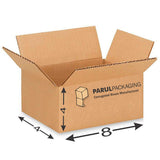 A brown corrugated cardboard box with dimensions labeled on it