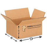 A brown corrugated cardboard box with dimensions labeled on the side