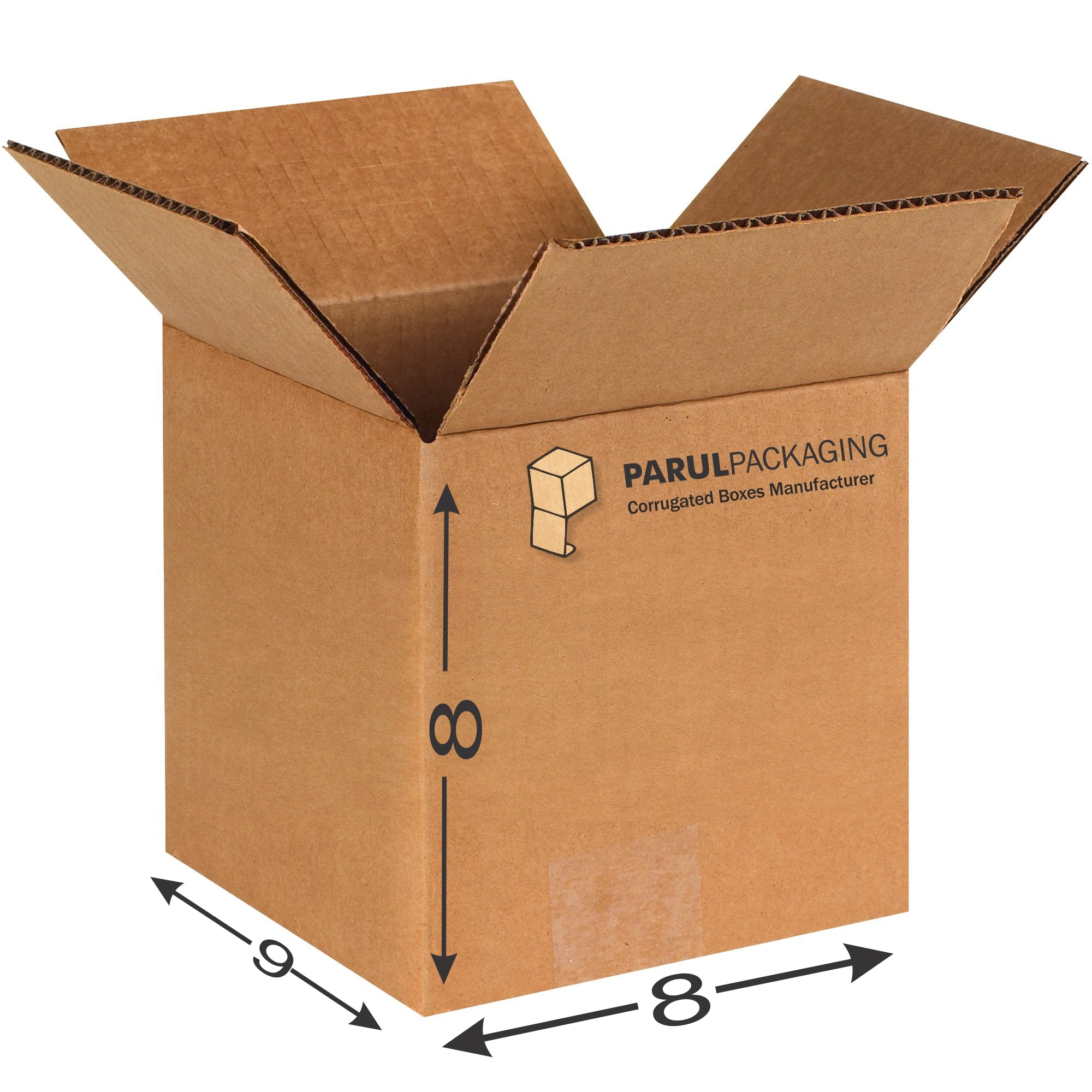 A brown corrugated cardboard moving box with dimensions labeled on the side