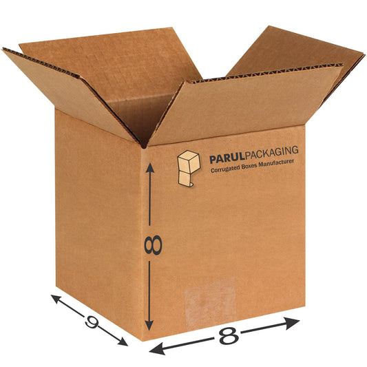 A brown corrugated cardboard moving box with dimensions labeled on the side