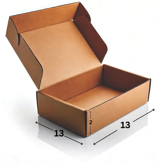 Open cardboard box with dimensions indicated on a white background