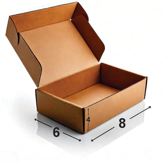 An open corrugated cardboard shipping box with dimensions labeled
