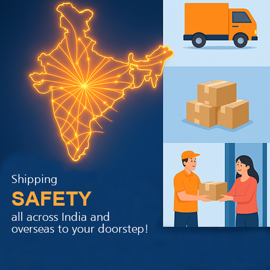 Map of India with a truck, boxes, and a delivery person, emphasizing shipping safety.