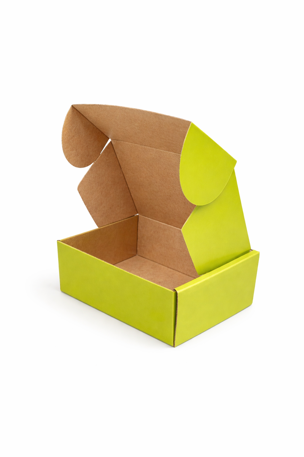 Open green and brown cardboard box on a white background